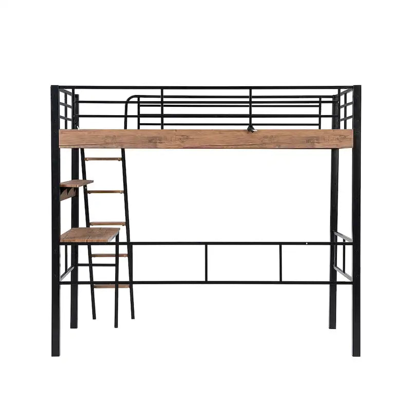 Full Size Metal Loft Bed with Desk Storage Shelf Ladder Black Natural