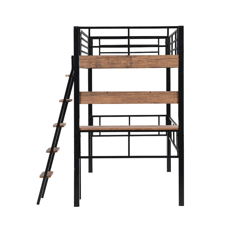 Full Size Metal Loft Bed with Desk Storage Shelf Ladder Black Natural