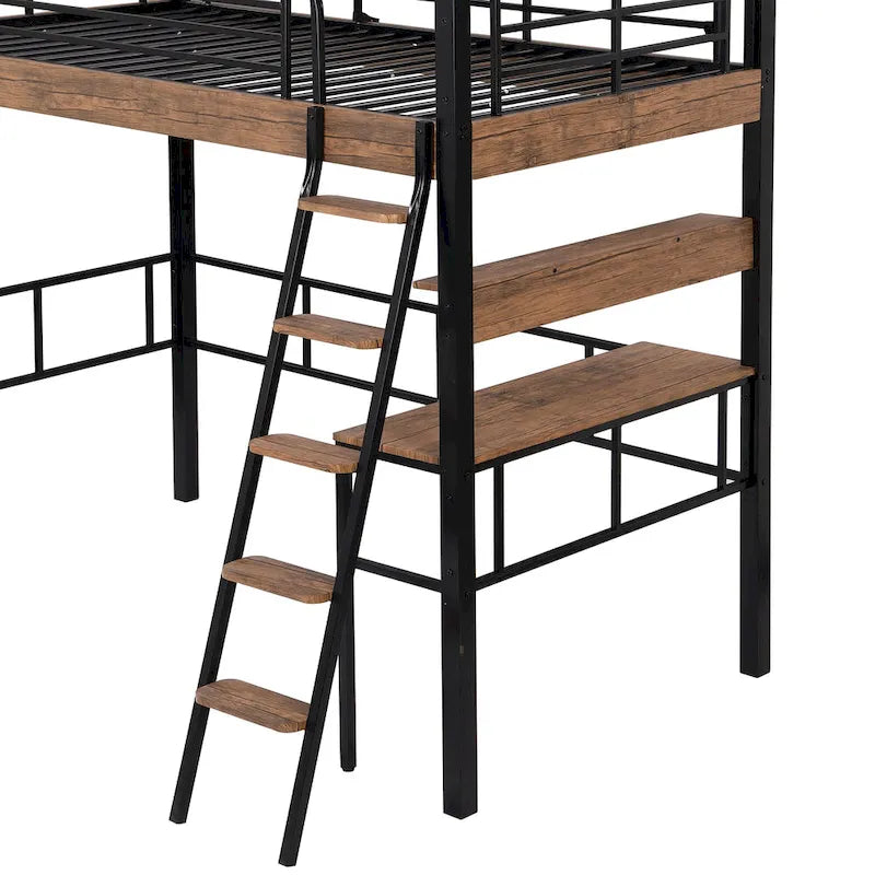 Full Size Metal Loft Bed with Desk Storage Shelf Ladder Black Natural