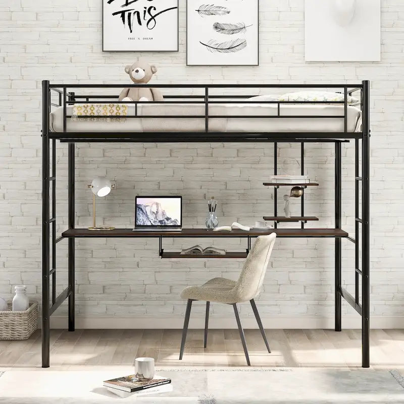 Black Full Size Metal Loft Bed with Built-in Desk and Shelves