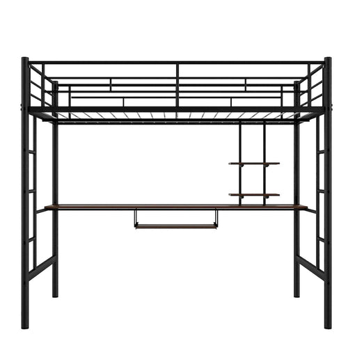 Black Full Size Metal Loft Bed with Built-in Desk and Shelves