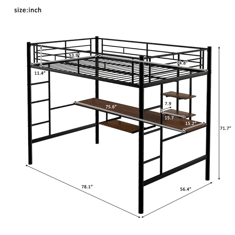 Black Full Size Metal Loft Bed with Built-in Desk and Shelves