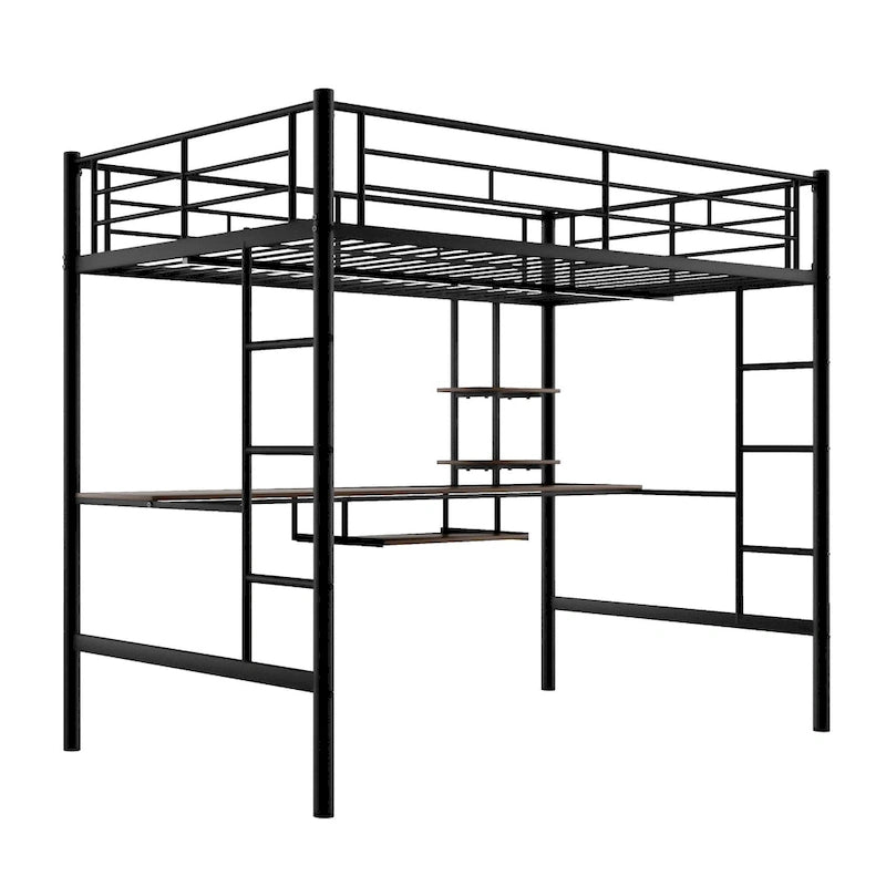 Black Full Size Metal Loft Bed with Built-in Desk and Shelves