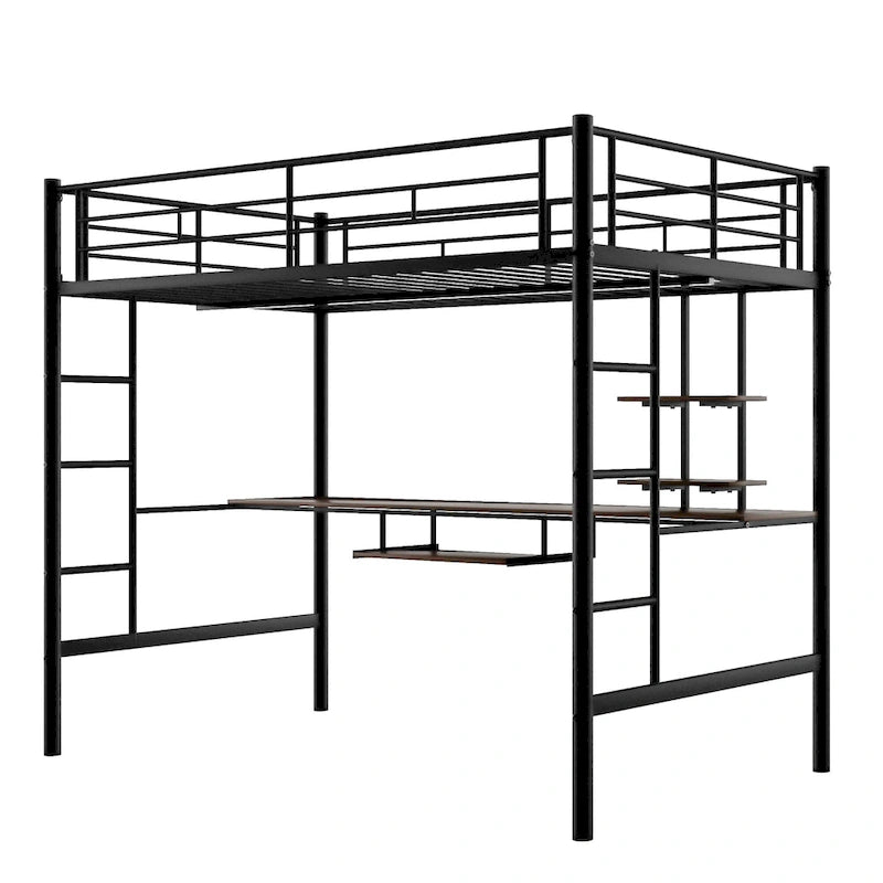 Black Full Size Metal Loft Bed with Built-in Desk and Shelves