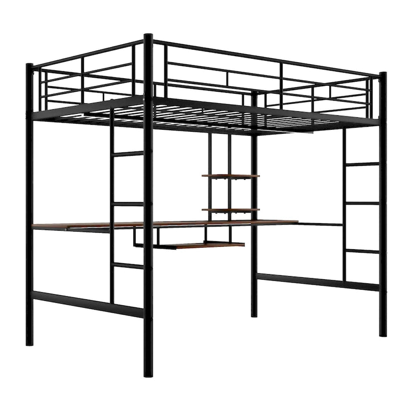 Black Full Size Metal Loft Bed with Built-in Desk and Shelves