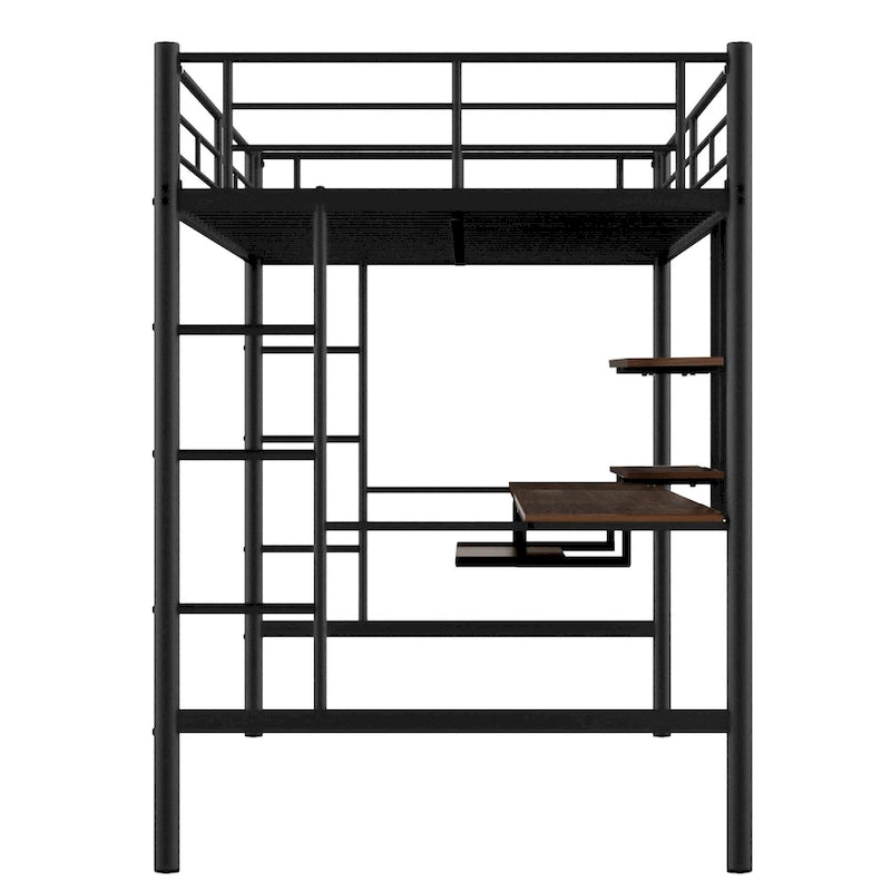 Black Full Size Metal Loft Bed with Built-in Desk and Shelves