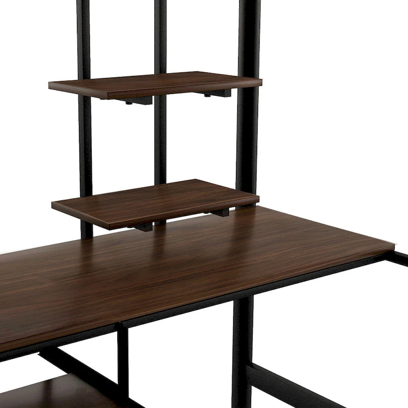Black Full Size Metal Loft Bed with Built-in Desk and Shelves
