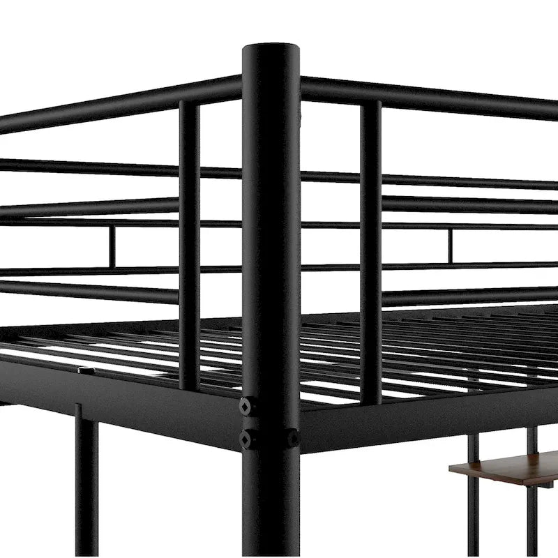 Black Full Size Metal Loft Bed with Built-in Desk and Shelves