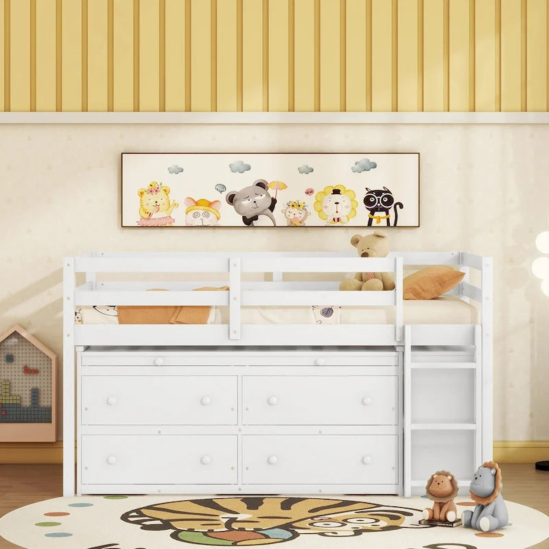 Twin Low Loft Bed with 6 Drawers Guardrails Ladder Gray White