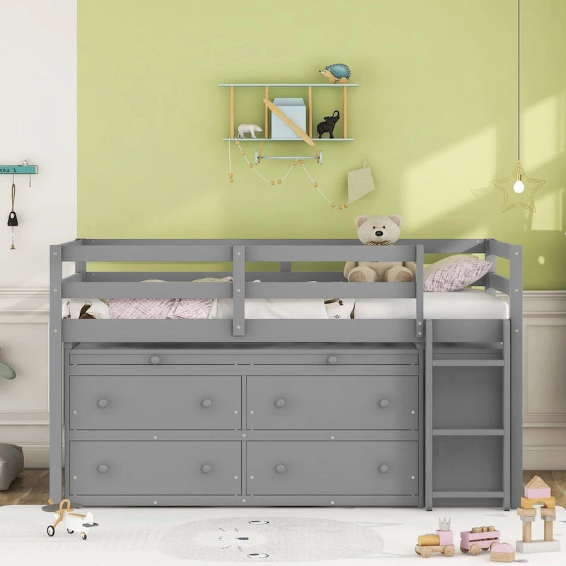 Twin Size Loft Bed w/ Retractable Writing Desk & 4 Drawers, Wooden Loft Bed w/ Lateral Portable Desk and Shelves, White