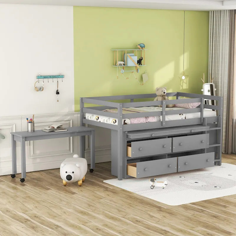 Twin Low Loft Bed with 6 Drawers Guardrails Ladder Gray White