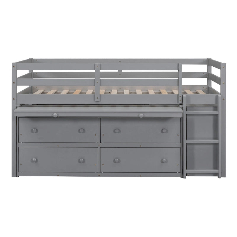 Twin Low Loft Bed with 6 Drawers Guardrails Ladder Gray White
