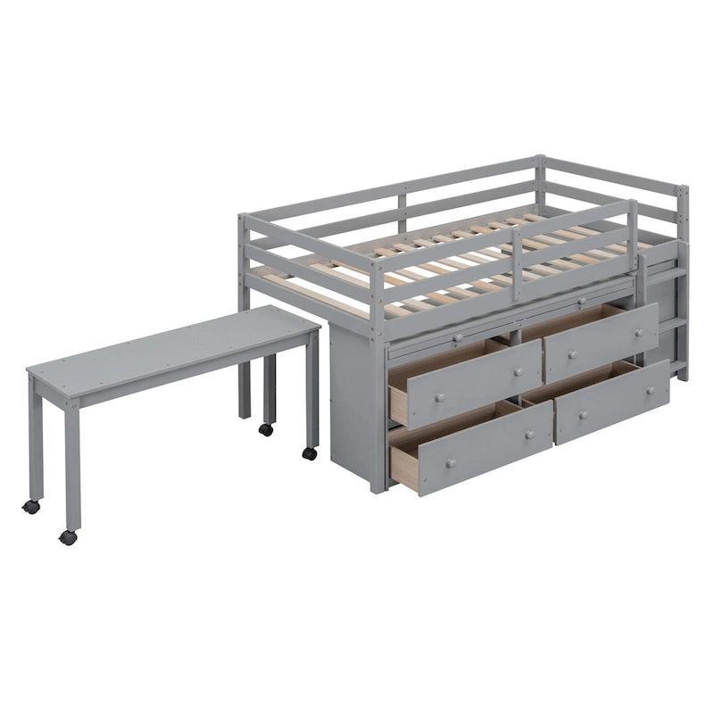 Twin Low Loft Bed with 6 Drawers Guardrails Ladder Gray White