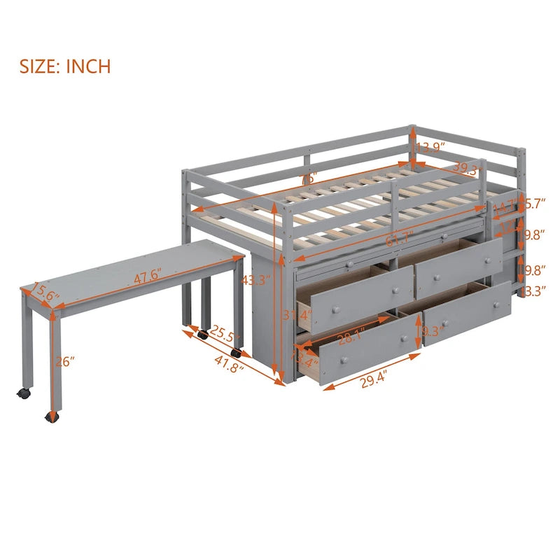 Twin Low Loft Bed with 6 Drawers Guardrails Ladder Gray White