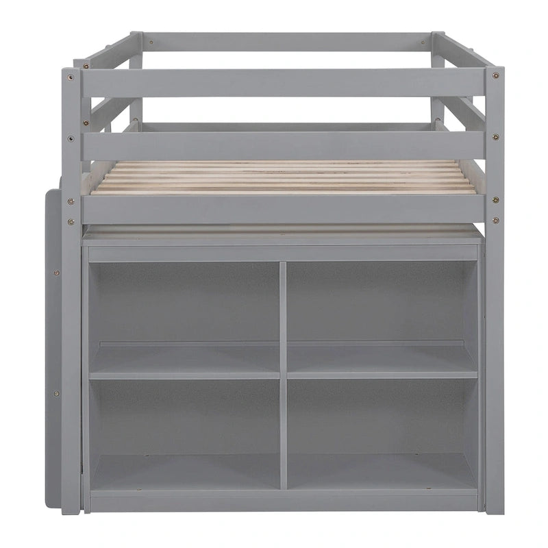 Twin Low Loft Bed with 6 Drawers Guardrails Ladder Gray White