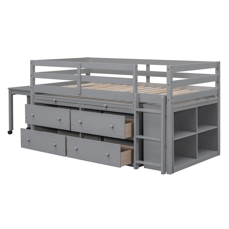 Twin Low Loft Bed with 6 Drawers Guardrails Ladder Gray White