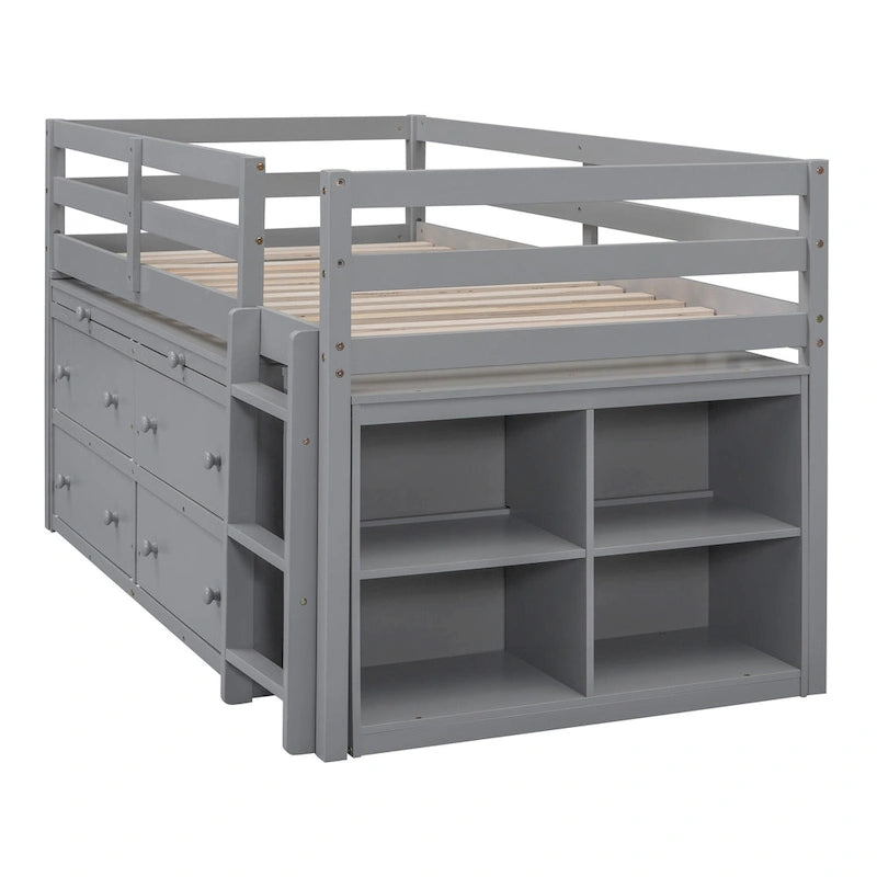 Twin Low Loft Bed with 6 Drawers Guardrails Ladder Gray White
