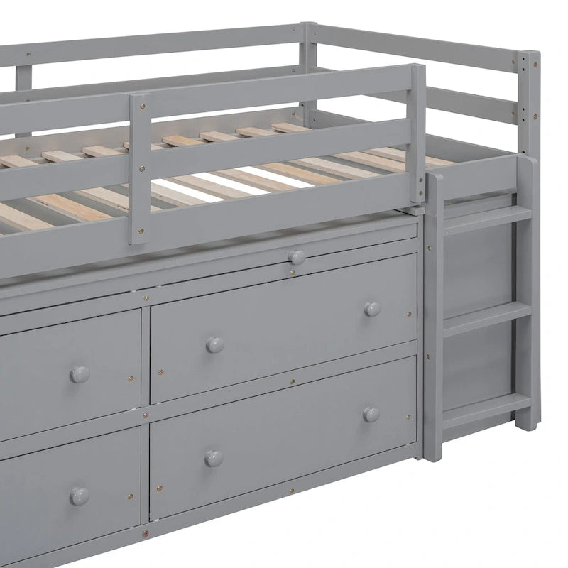 Twin Low Loft Bed with 6 Drawers Guardrails Ladder Gray White
