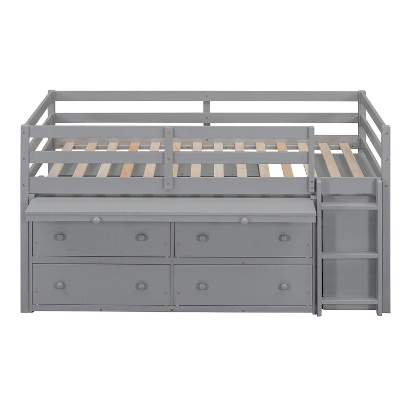 Twin Low Loft Bed with 6 Drawers Guardrails Ladder Gray White