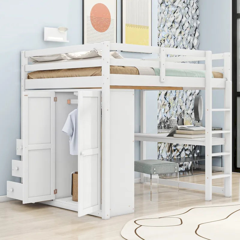 Full Size Pine Wood Loft Bed with Wardrobe Desk and Drawers