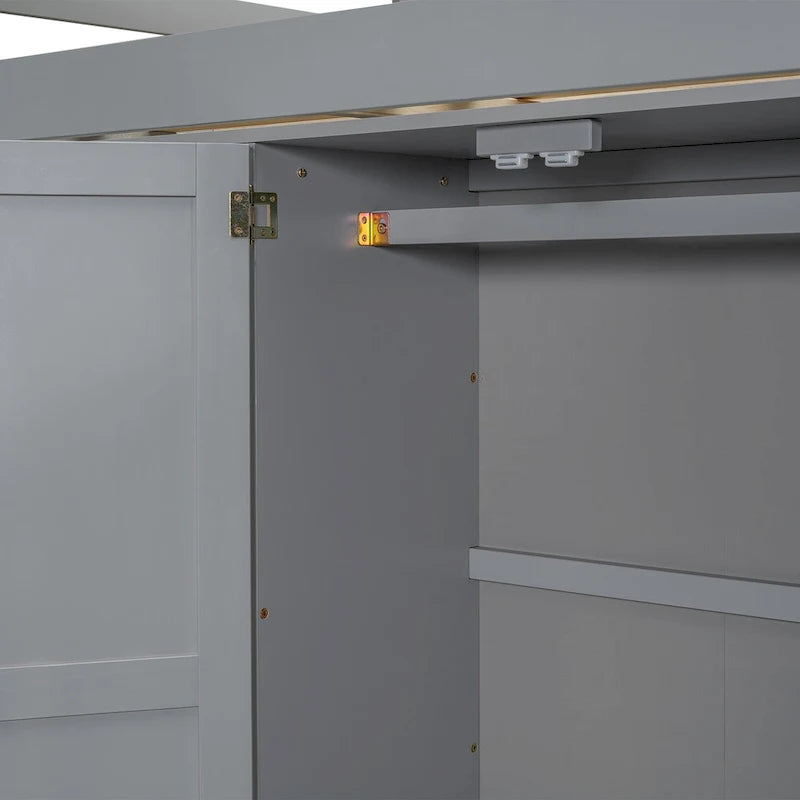 Lit mezzanine 2 places en bois de pin avec armoire, bureau et tiroirs