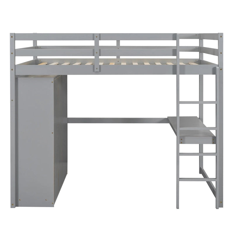 Lit mezzanine 2 places en bois de pin avec armoire, bureau et tiroirs