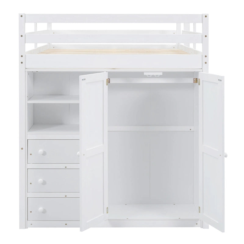 Lit mezzanine 2 places en bois de pin avec armoire, bureau et tiroirs