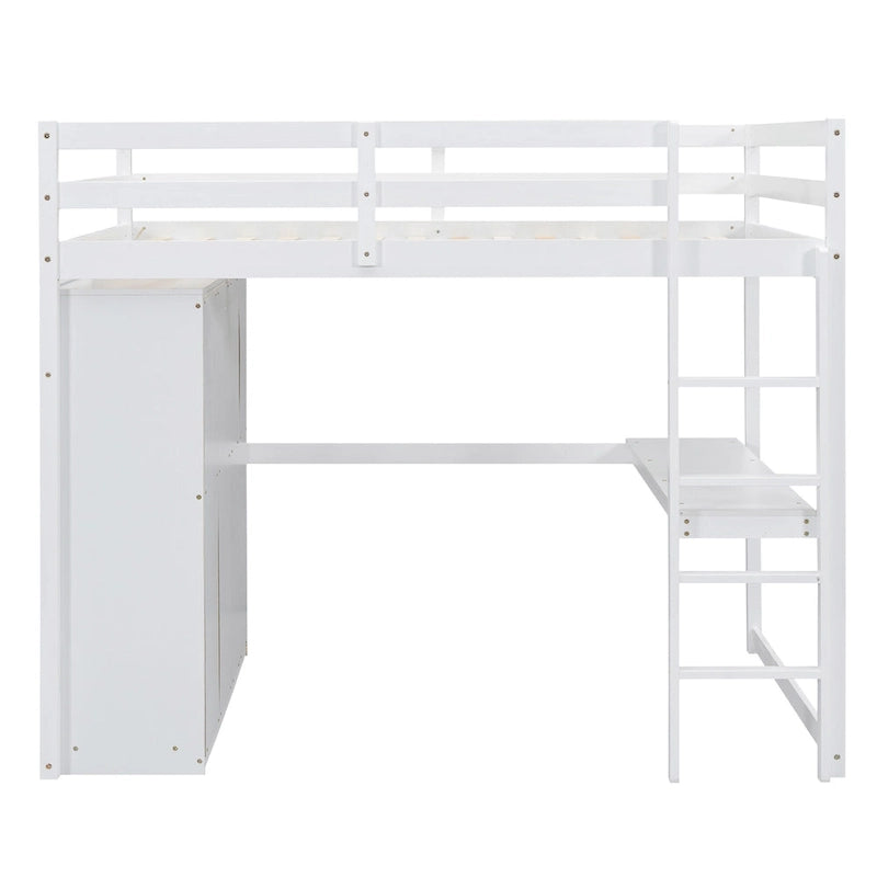 Lit mezzanine 2 places en bois de pin avec armoire, bureau et tiroirs