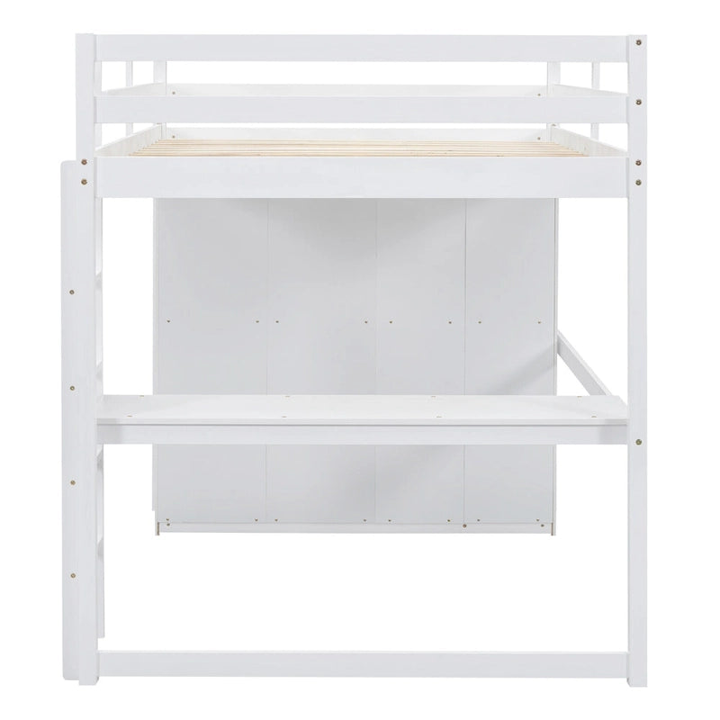Lit mezzanine 2 places en bois de pin avec armoire, bureau et tiroirs
