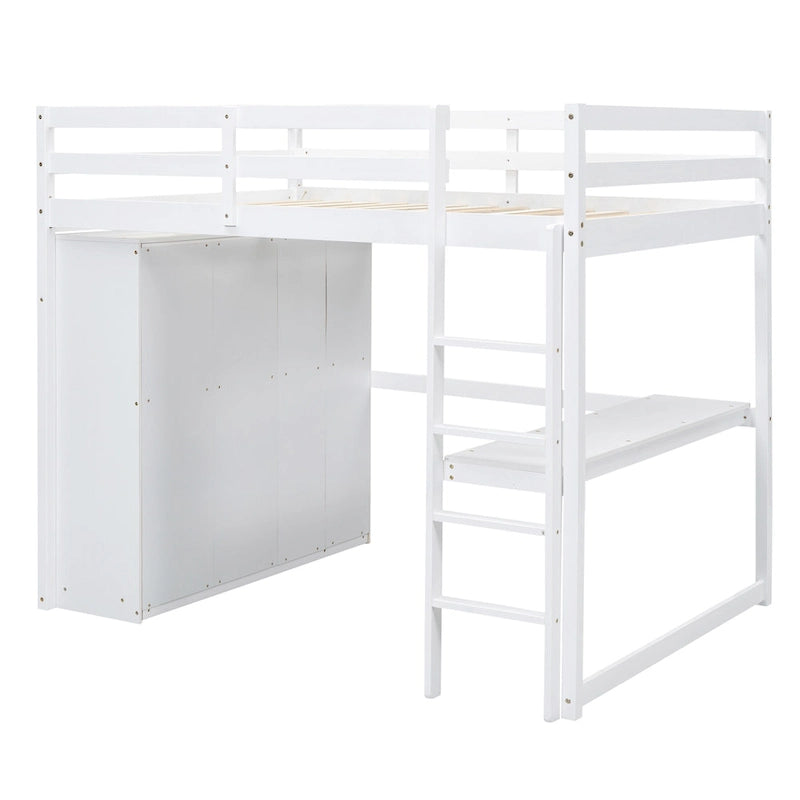 Lit mezzanine 2 places en bois de pin avec armoire, bureau et tiroirs