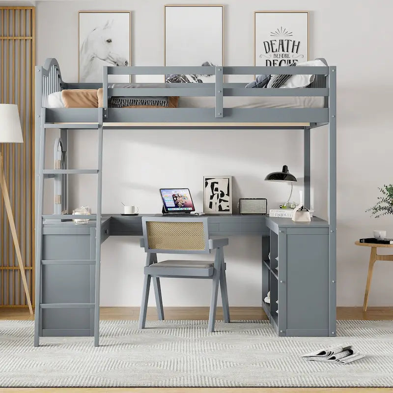Full Size Wooden Loft Bed with U-Shaped Desk and Storage Shelves, Espresso Gray