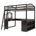 Full Wooden Loft Bed with U-shaped Desk,Storage Compartments and Tri-fold Mirror, Gray