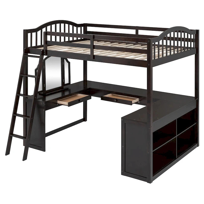 Full Size Wooden Loft Bed with U-Shaped Desk and Storage Shelves, Espresso Gray