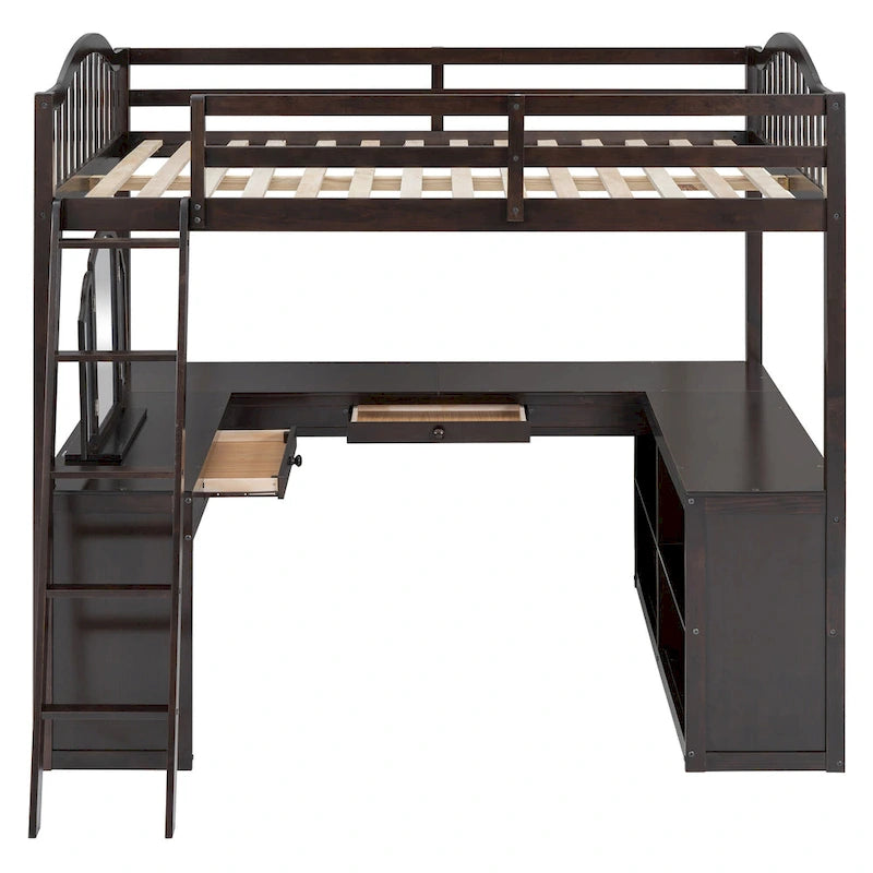 Full Size Wooden Loft Bed with U-Shaped Desk and Storage Shelves, Espresso Gray