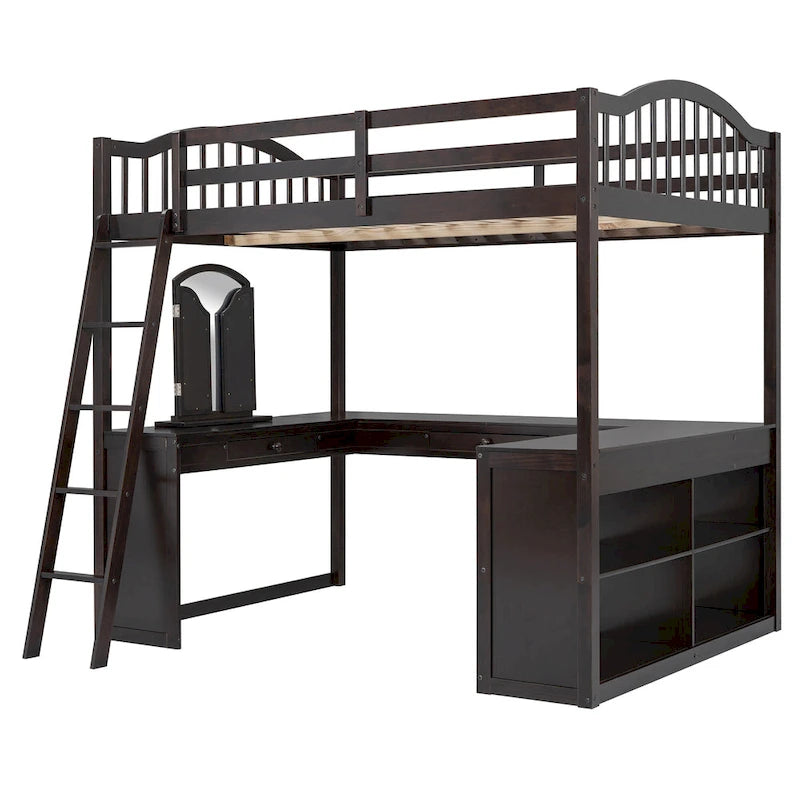 Full Size Wooden Loft Bed with U-Shaped Desk and Storage Shelves, Espresso Gray