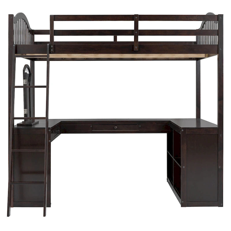 Full Size Wooden Loft Bed with U-Shaped Desk and Storage Shelves, Espresso Gray