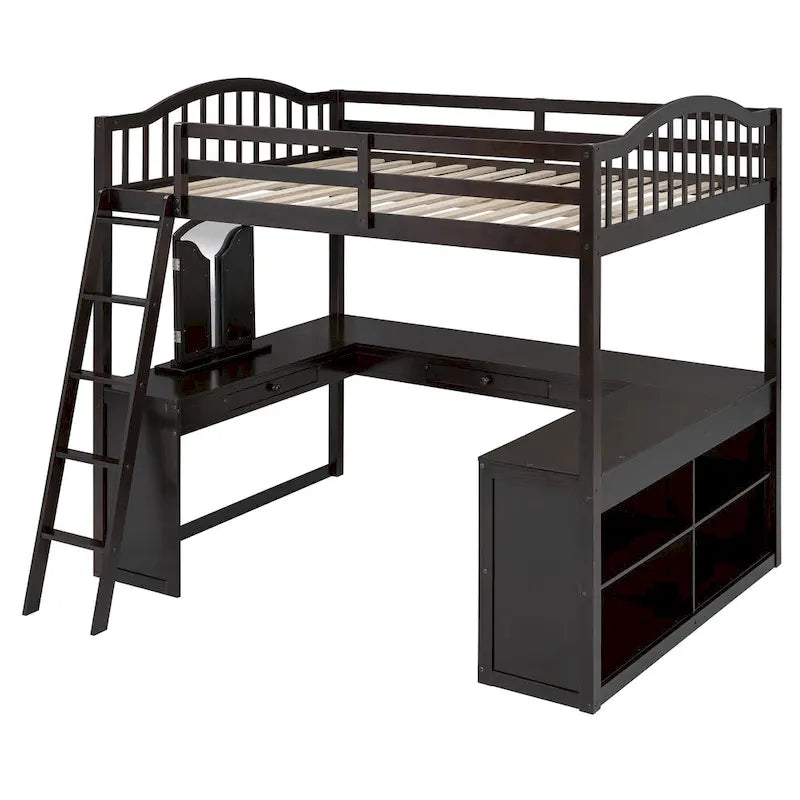 Full Size Wooden Loft Bed with U-Shaped Desk and Storage Shelves, Espresso Gray