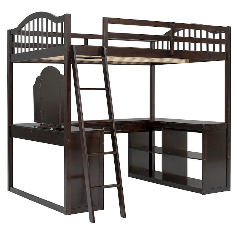 Full Size Wooden Loft Bed with U-Shaped Desk and Storage Shelves, Espresso Gray