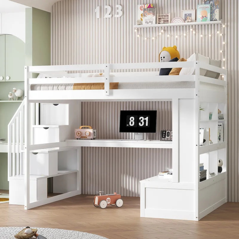 Full Size White Loft Bed with Staircase Desk Shelves Storage Drawers