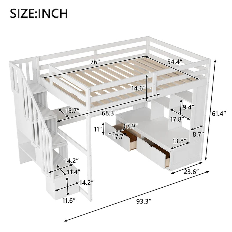 Full Size White Loft Bed with Staircase Desk Shelves Storage Drawers