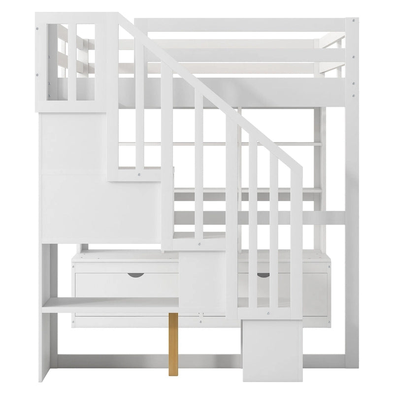 Full Size White Loft Bed with Staircase Desk Shelves Storage Drawers