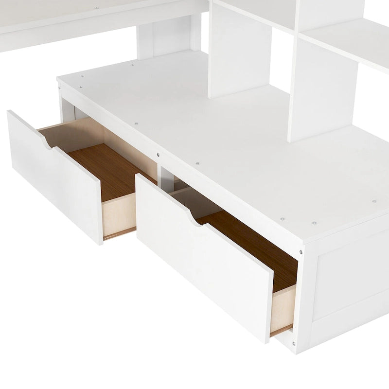 Full Size White Loft Bed with Staircase Desk Shelves Storage Drawers