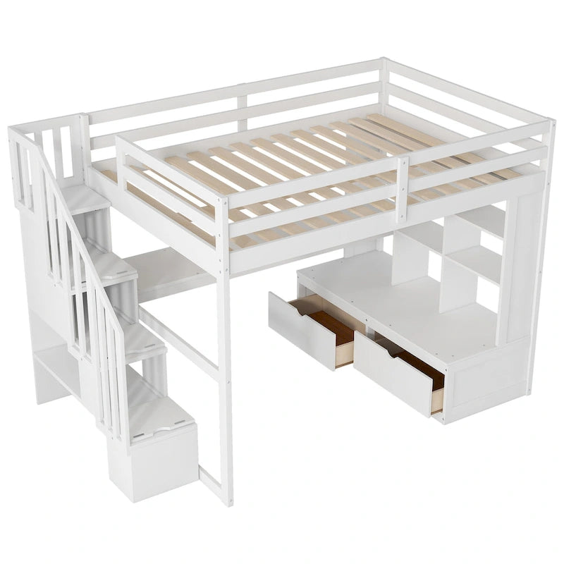 Full Size White Loft Bed with Staircase Desk Shelves Storage Drawers