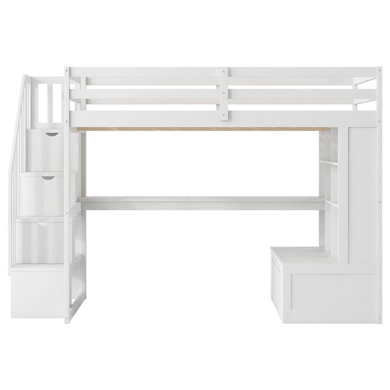Full Size White Loft Bed with Staircase Desk Shelves Storage Drawers