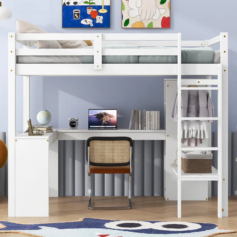 Gray Twin Size Wood Loft Bed with L-Shaped Desk, Wardrobe and Shelves