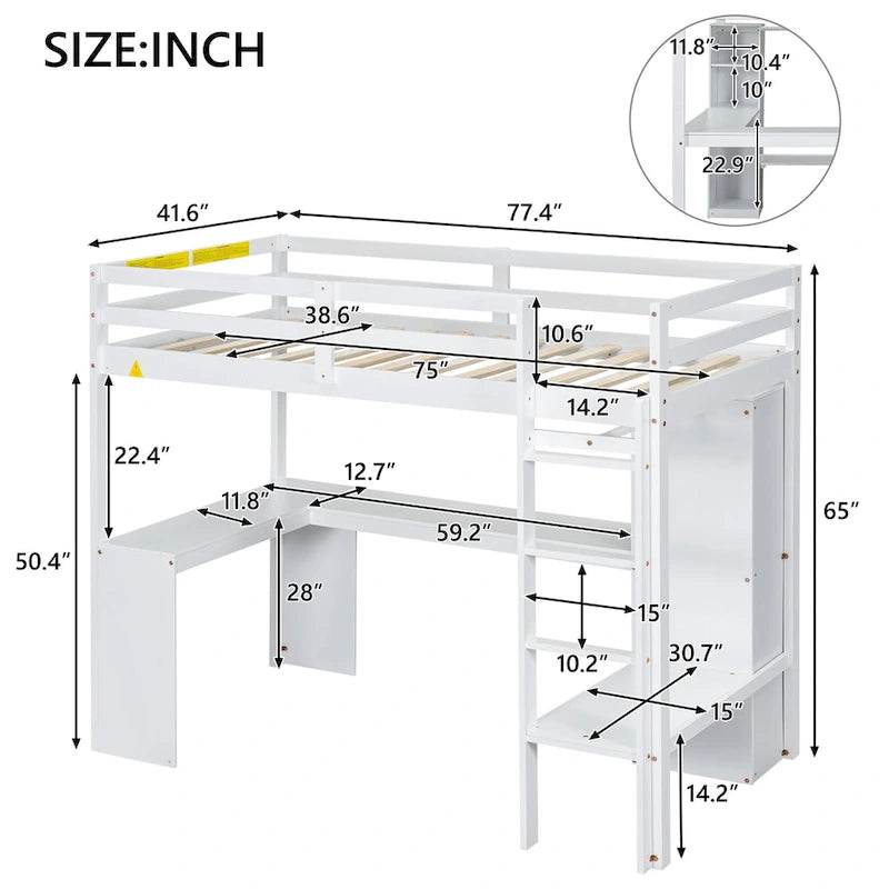 Gray Twin Size Wood Loft Bed with L-Shaped Desk, Wardrobe and Shelves