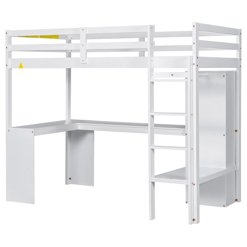 Gray Twin Size Wood Loft Bed with L-Shaped Desk, Wardrobe and Shelves