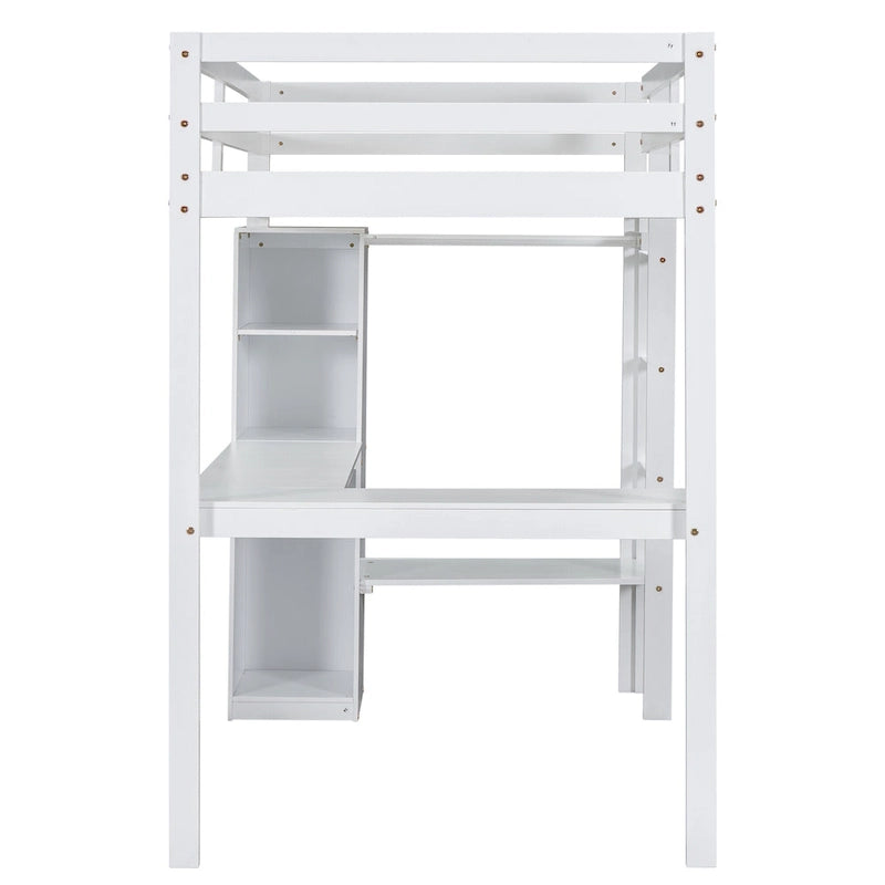 Gray Twin Size Wood Loft Bed with L-Shaped Desk, Wardrobe and Shelves