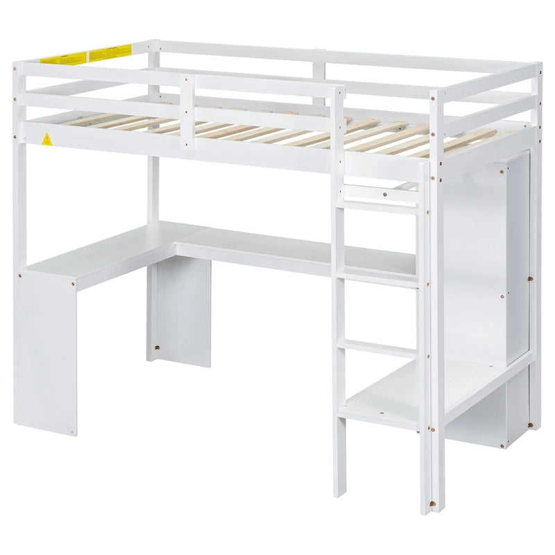 Gray Twin Size Wood Loft Bed with L-Shaped Desk, Wardrobe and Shelves