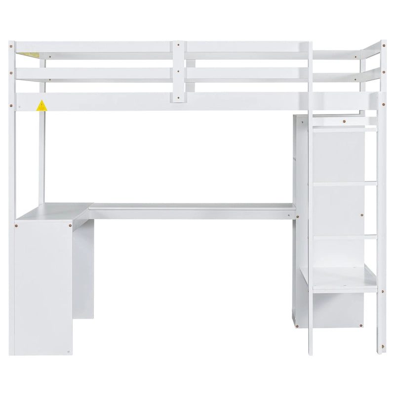 Gray Twin Size Wood Loft Bed with L-Shaped Desk, Wardrobe and Shelves